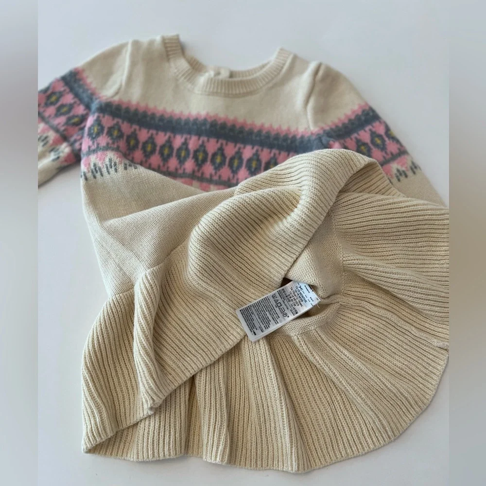 Baby GAP Fair Isle Knitted Sweater Dress Cream & Pink Patterned Size 12-18 Month